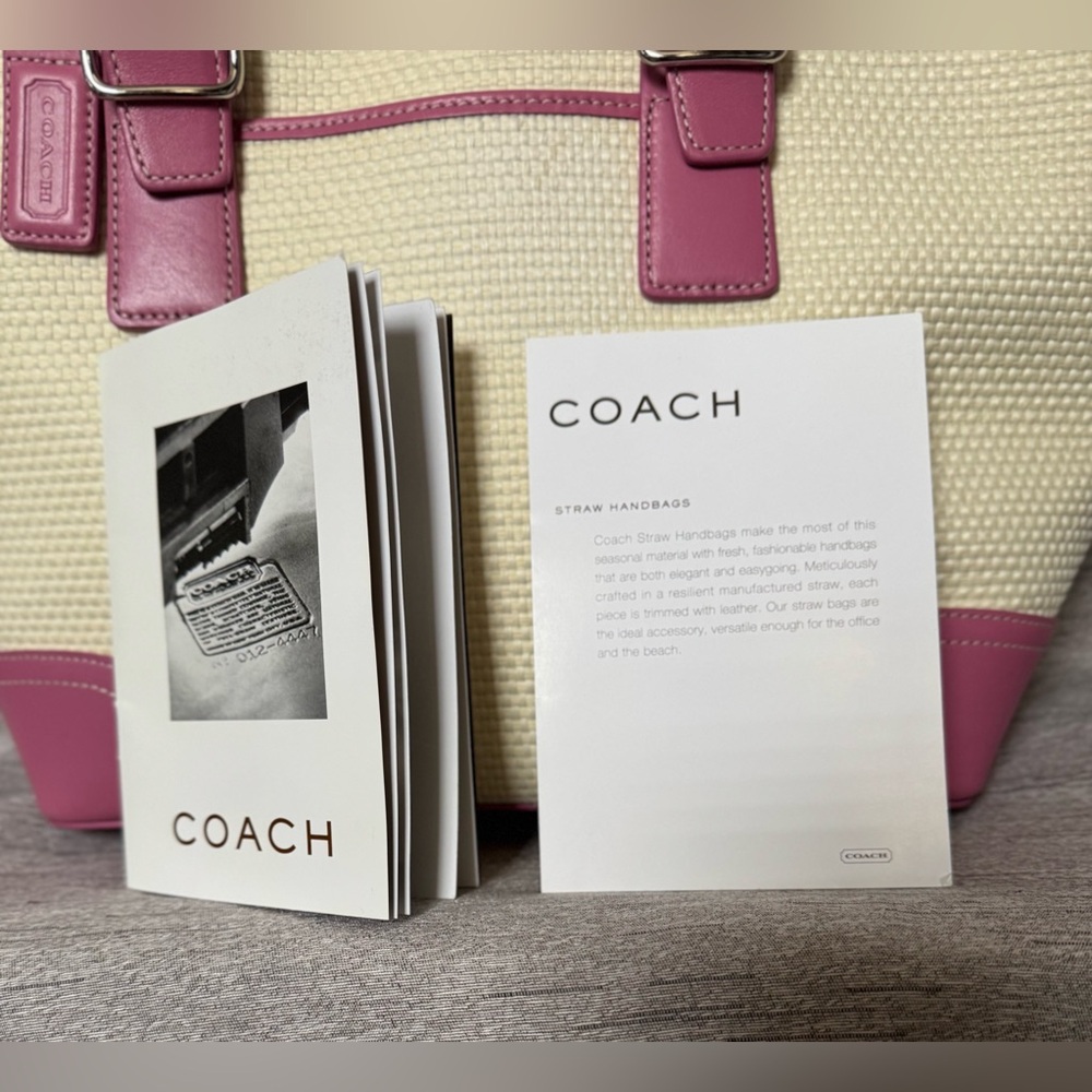 Coach NWOT 2004 Vintage - Ivory Straw & Pink Leather Tote w/ Dustbag & Care Card - Picture 10 of 15